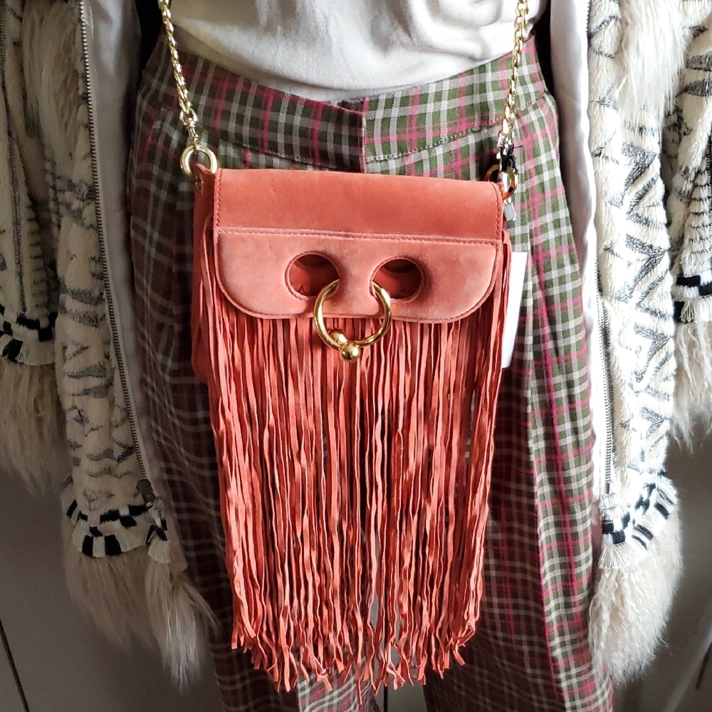 NWT J.W. Anderson Orange Suede Pierce Bag w/Fringe - Picture 5 of 15